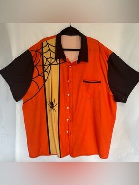 Orange & Black Halloween Spider Web Bowling Shirt